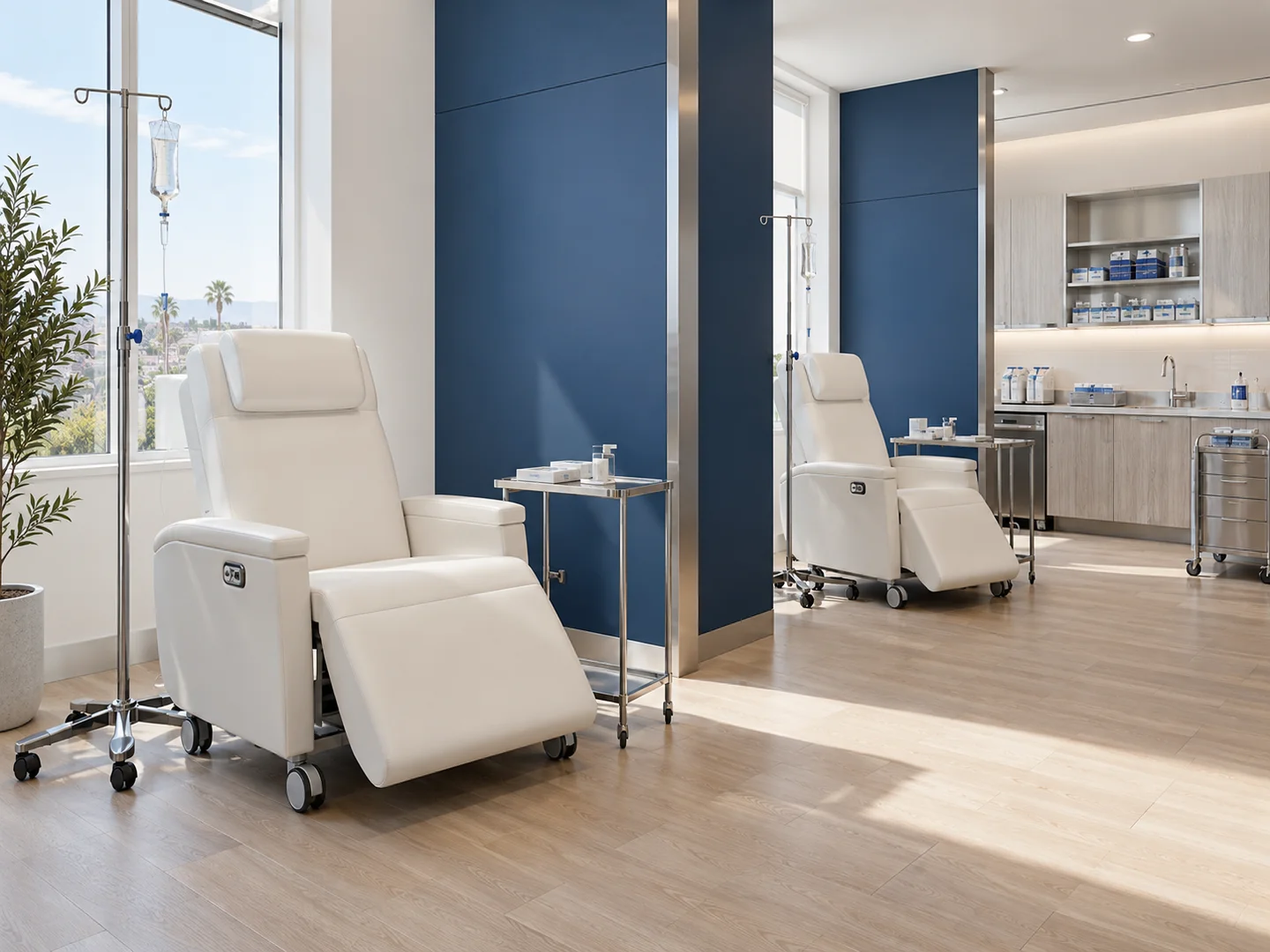 Illustrative bright ION IV studio with medical recliners and IV equipment
