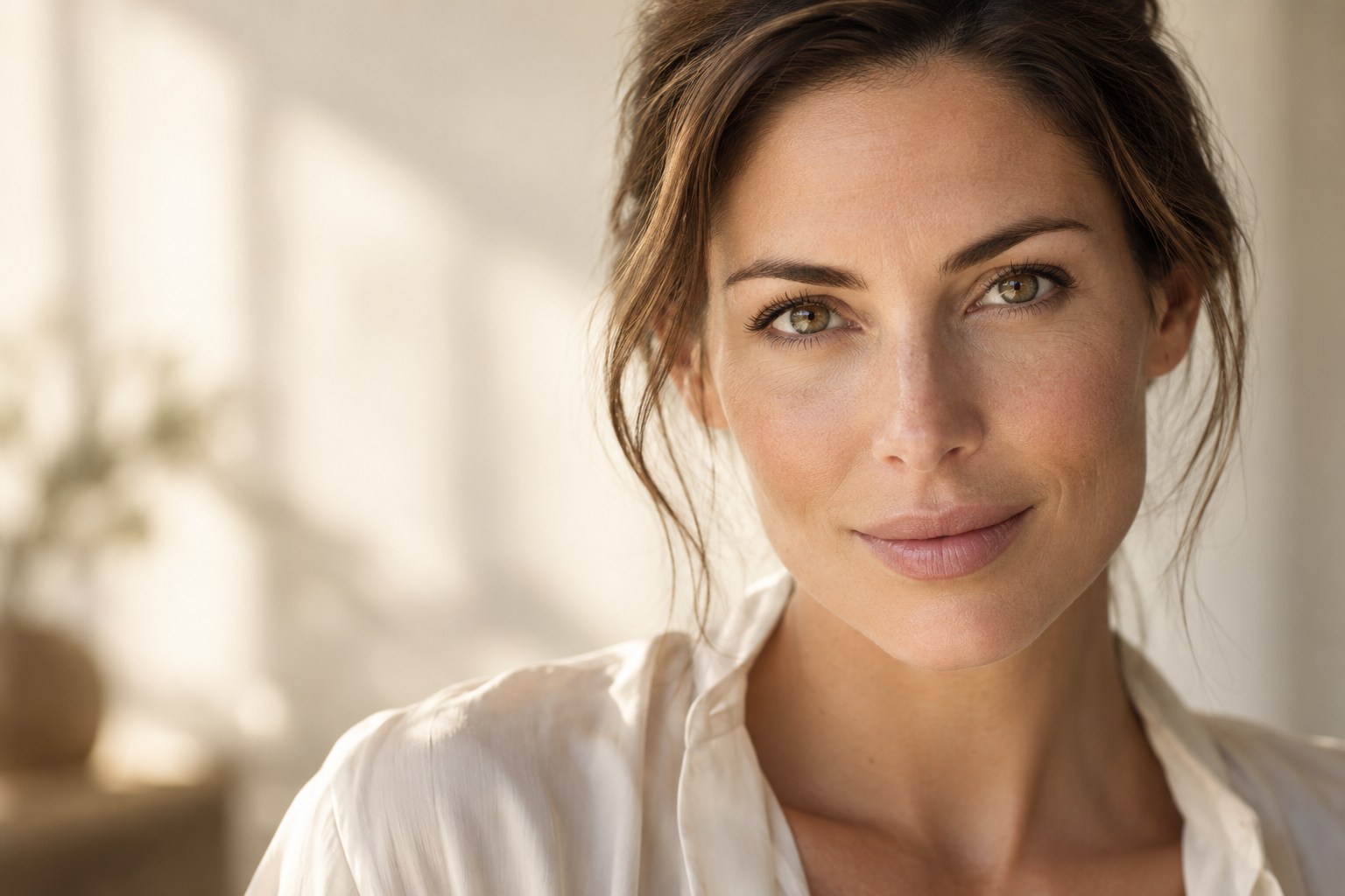 Illustrative portrait with naturally detailed hazel eyes in soft daylight