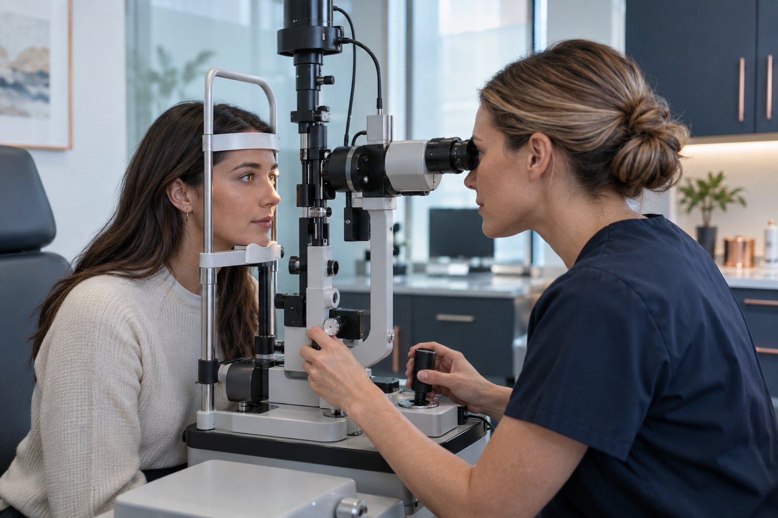 Illustrative eye examination using a slit lamp in a modern clinic