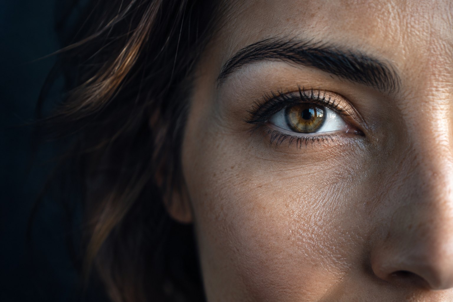 Close portrait of a natural hazel eye, an illustrative model