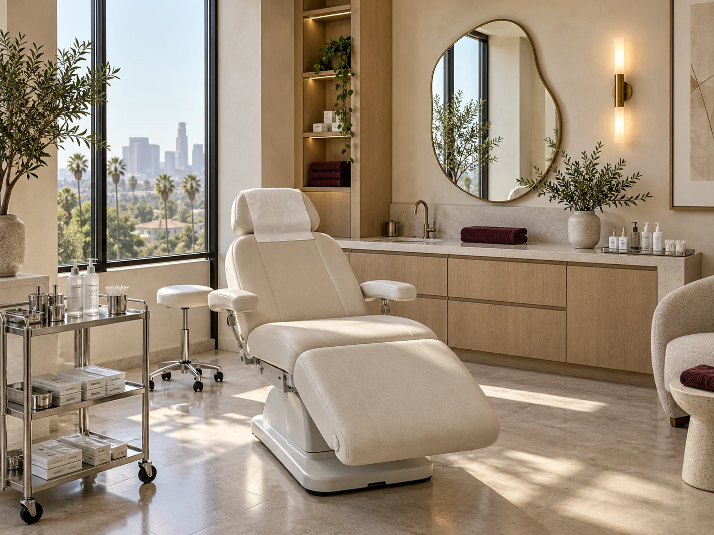 A bright, refined aesthetic consultation room with a clinical treatment chair