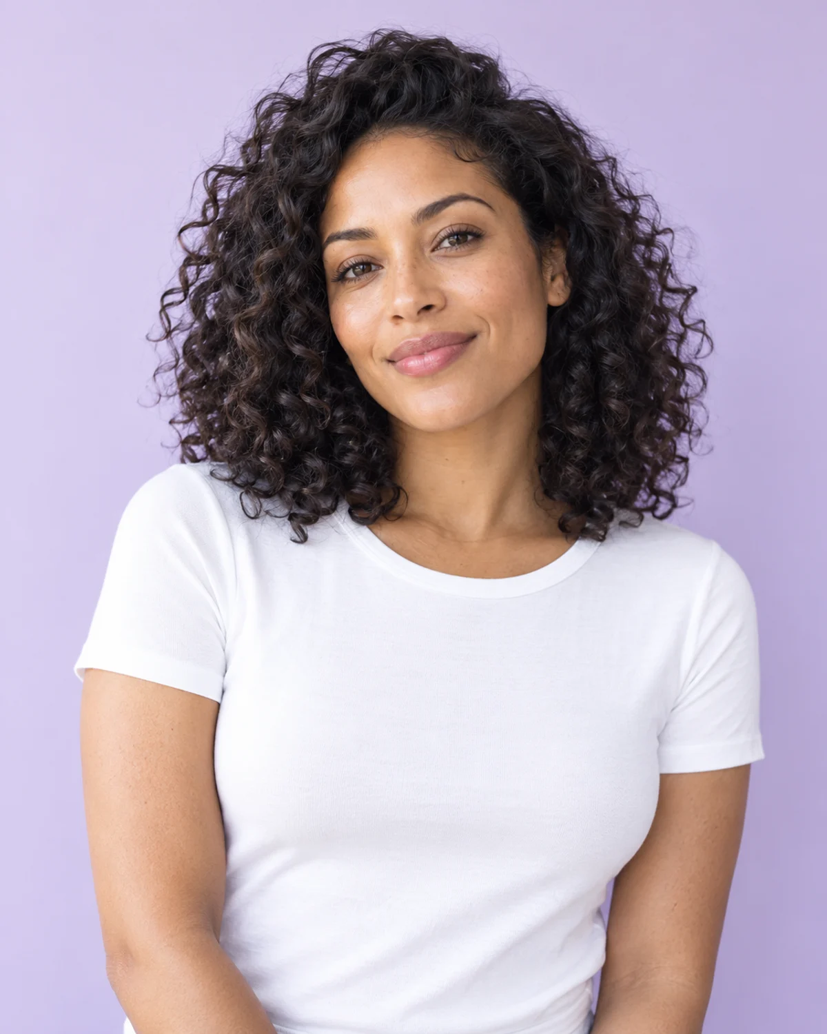AI-generated editorial portrait of an adult woman with natural skin texture for the fictional Glow District brand