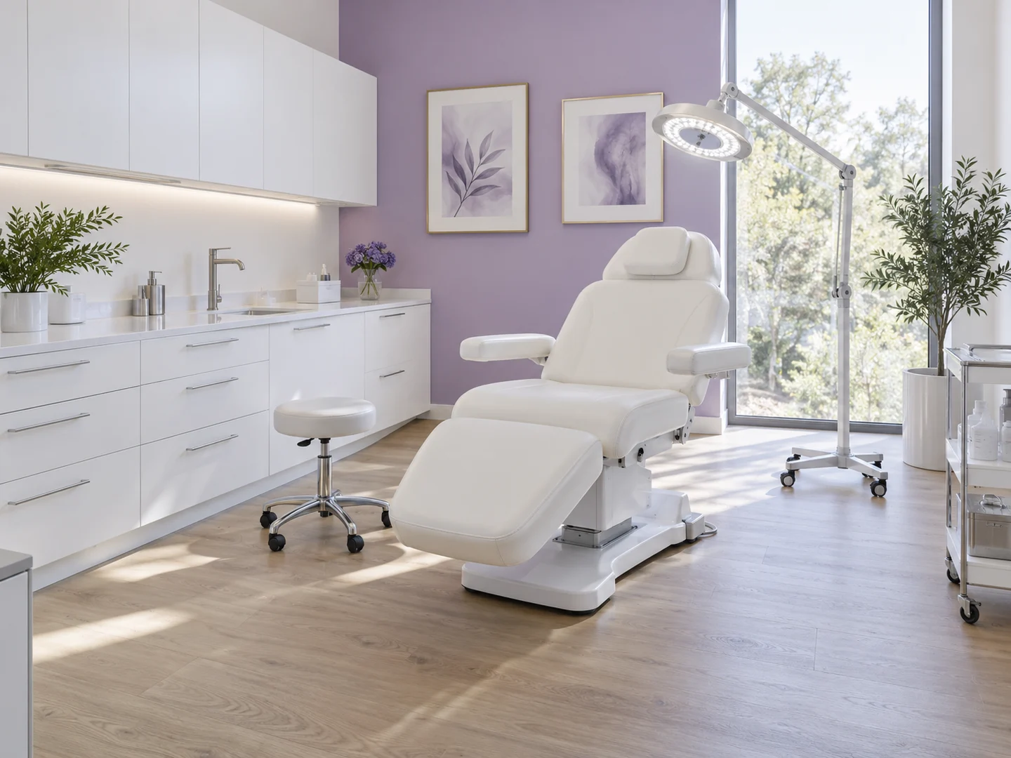 AI-generated medical aesthetics room with white finishes and violet accents