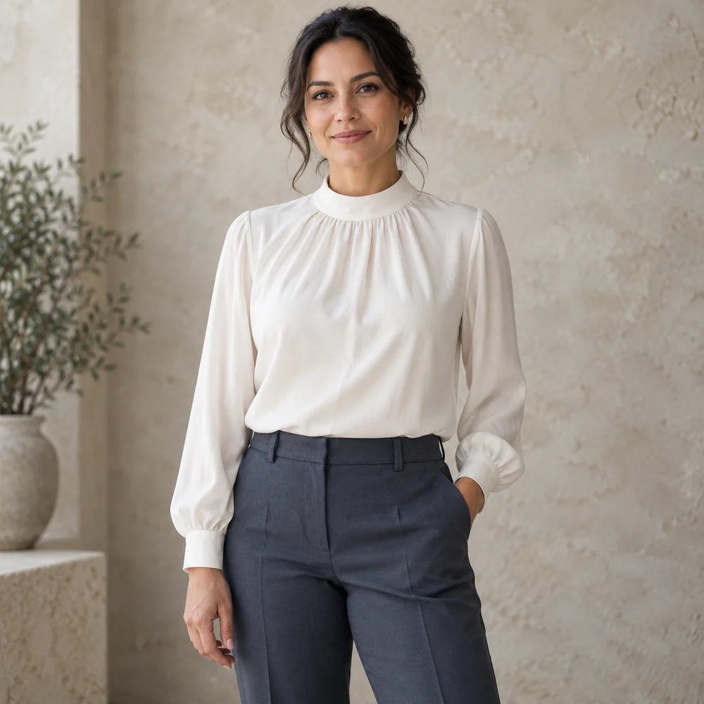 Fully clothed editorial model introducing breast procedure topics; not a patient result
