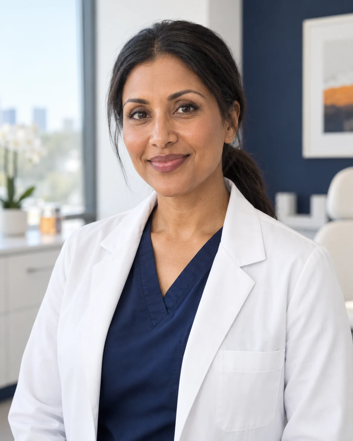 Illustrative portrait for the fictional Dr. Priya Nair, MD profile