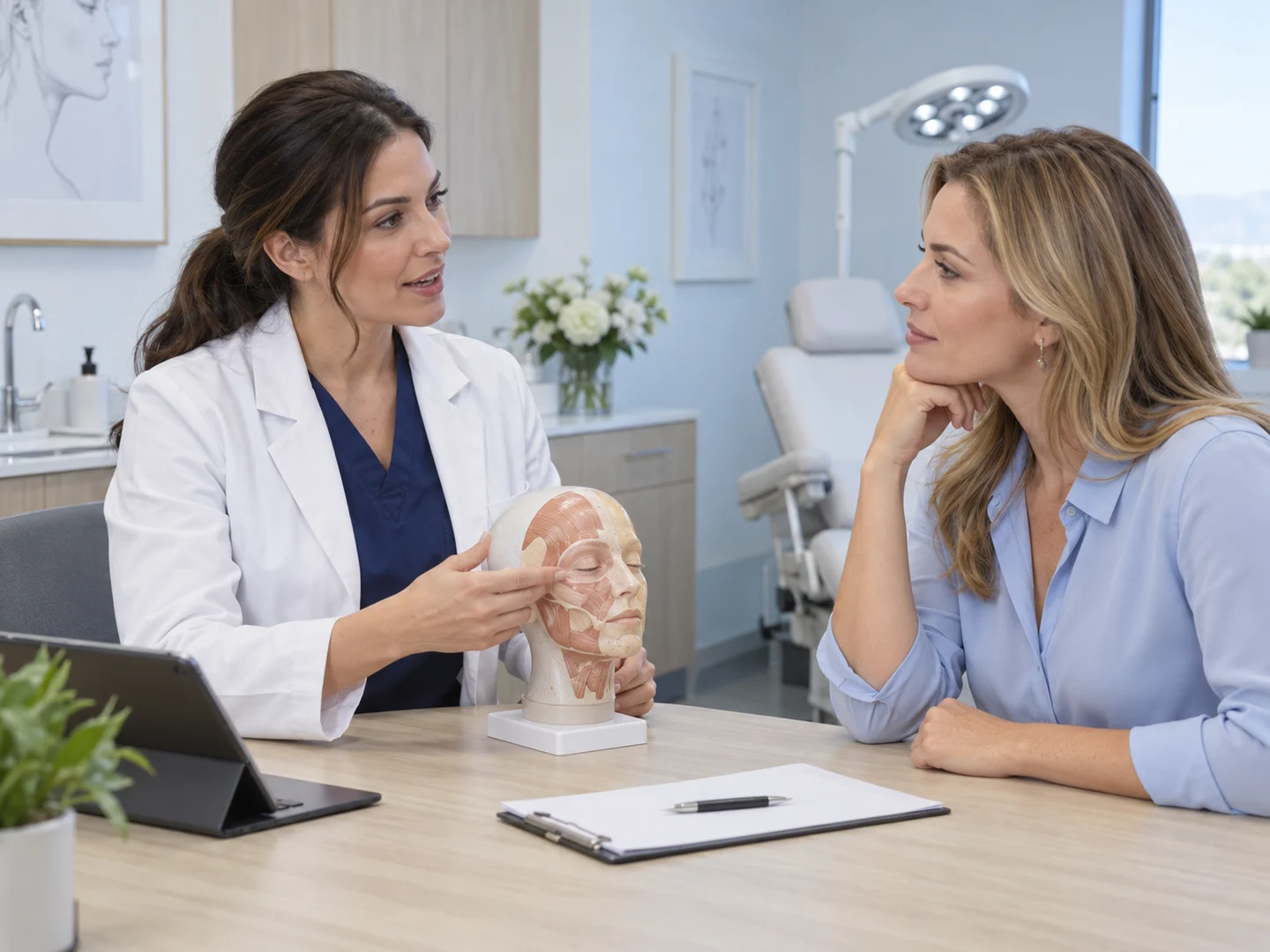 Illustrative clinician and adult guest discussing questions in a contemporary consultation room