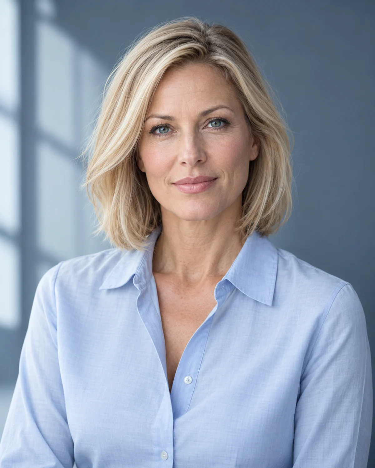 Illustrative adult model with blonde hair, natural skin texture, and a pale blue shirt