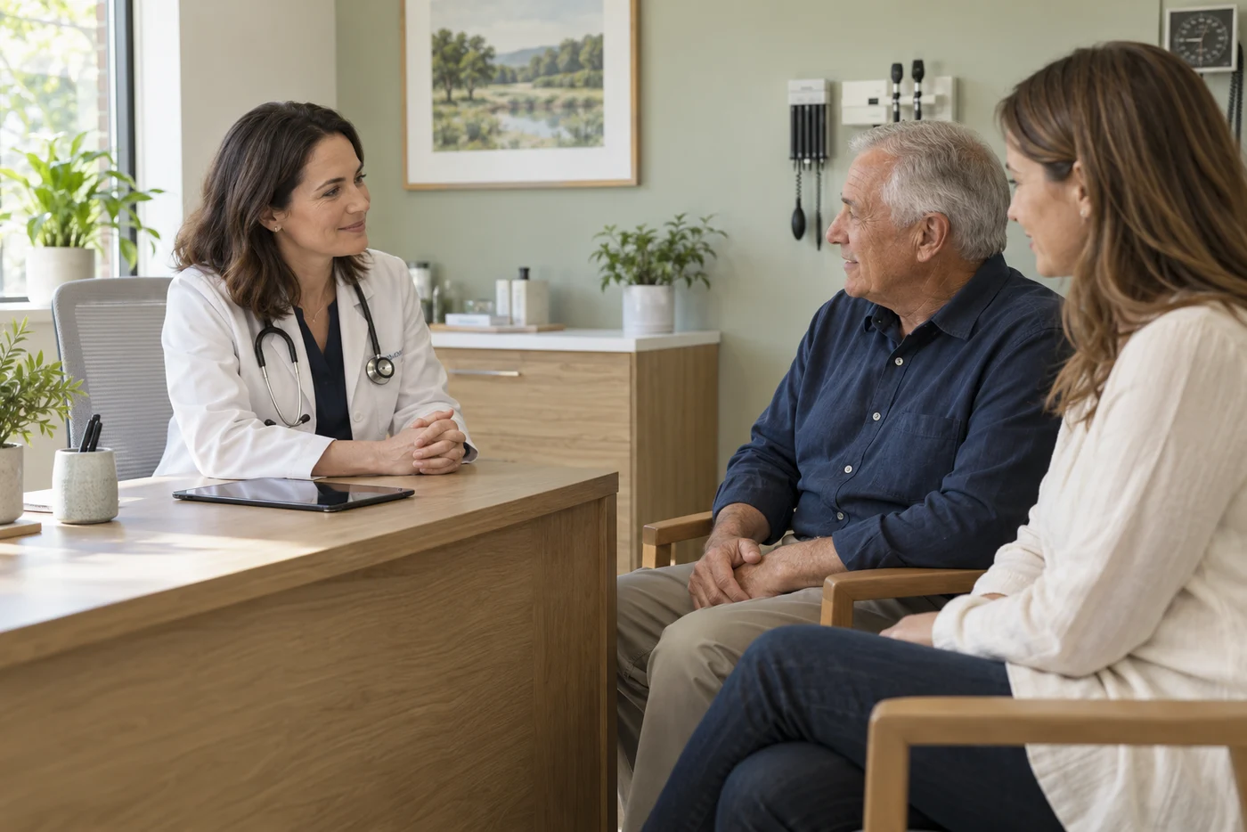 Illustration of a physician discussing care with a patient and his adult daughter