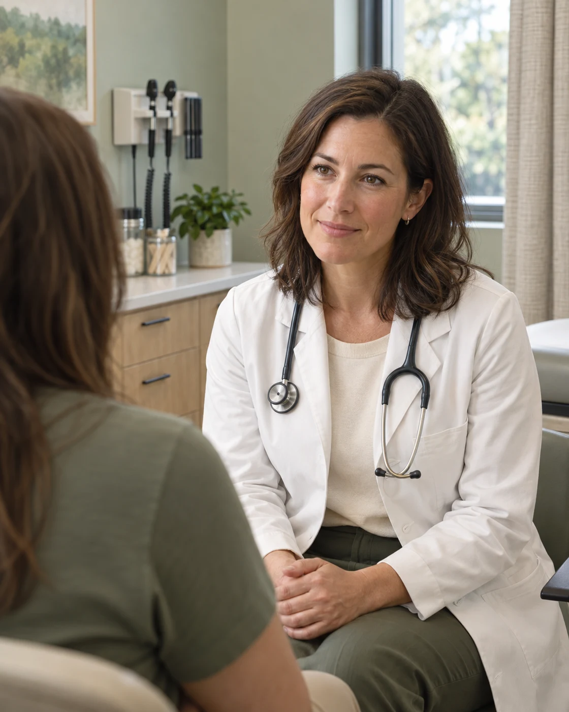 Illustration of a family physician listening to a patient in a calm, contemporary consultation room