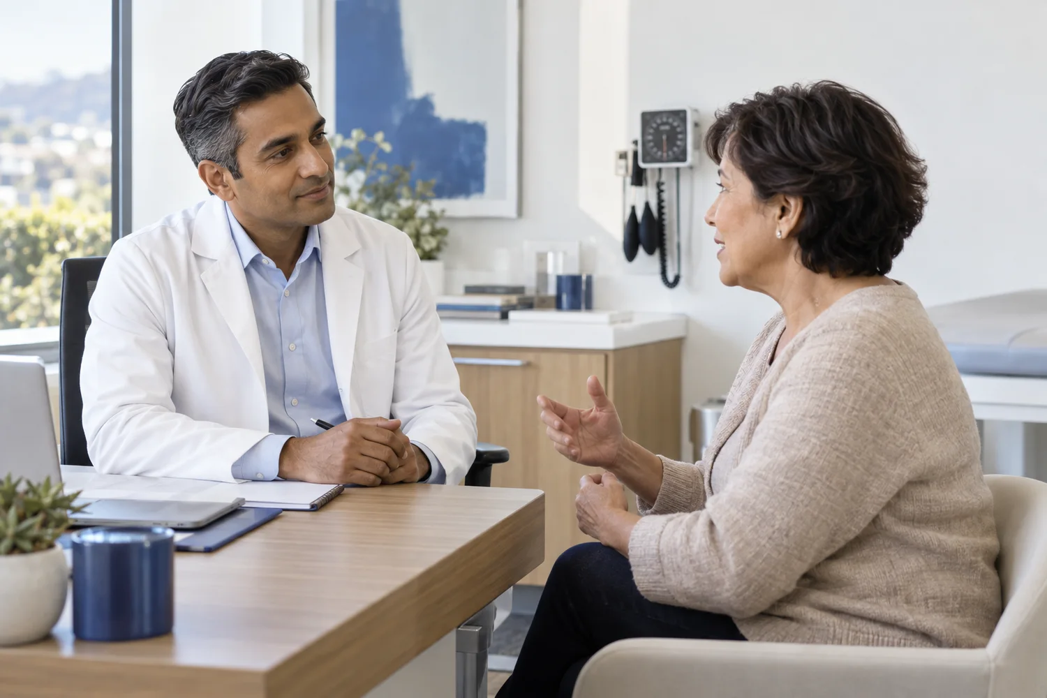 Illustrative doctor and patient models having a conversation