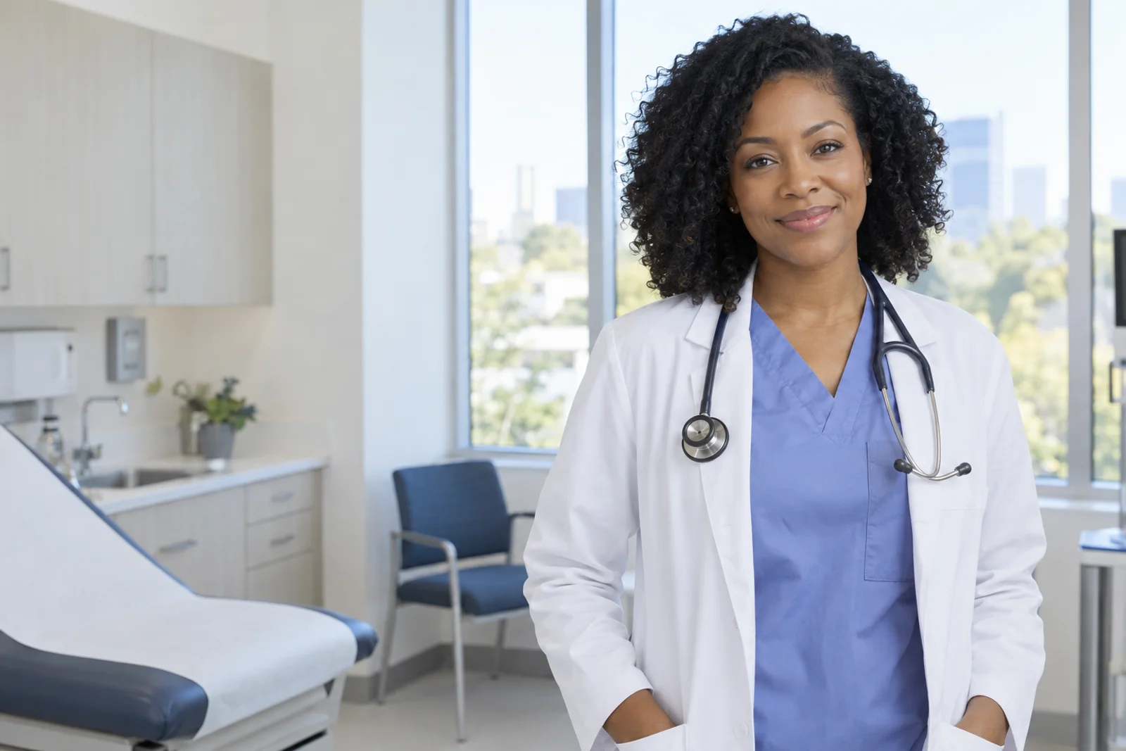 Illustrative physician model in a bright modern medical room