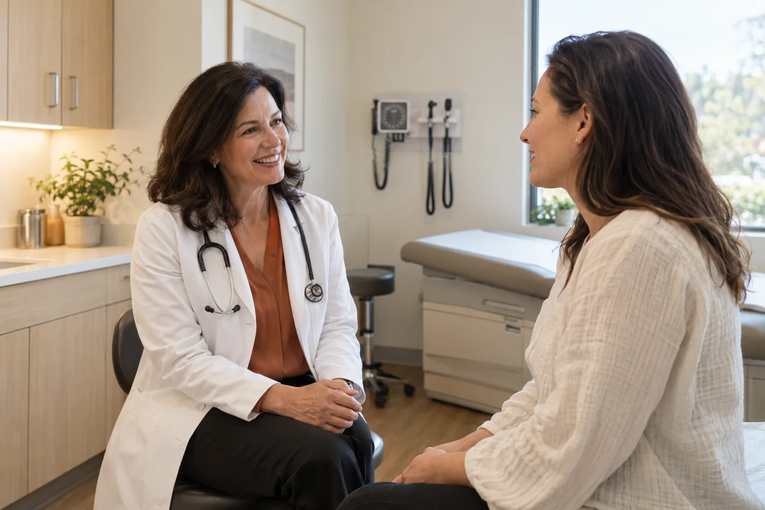 Illustrative physician and adult patient in a welcoming primary care consultation
