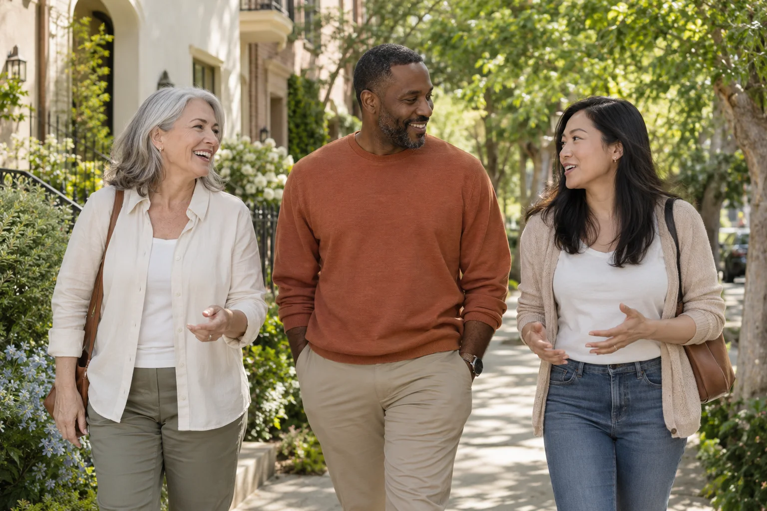 Illustrative adult neighbors enjoying a conversation on a leafy neighborhood walk