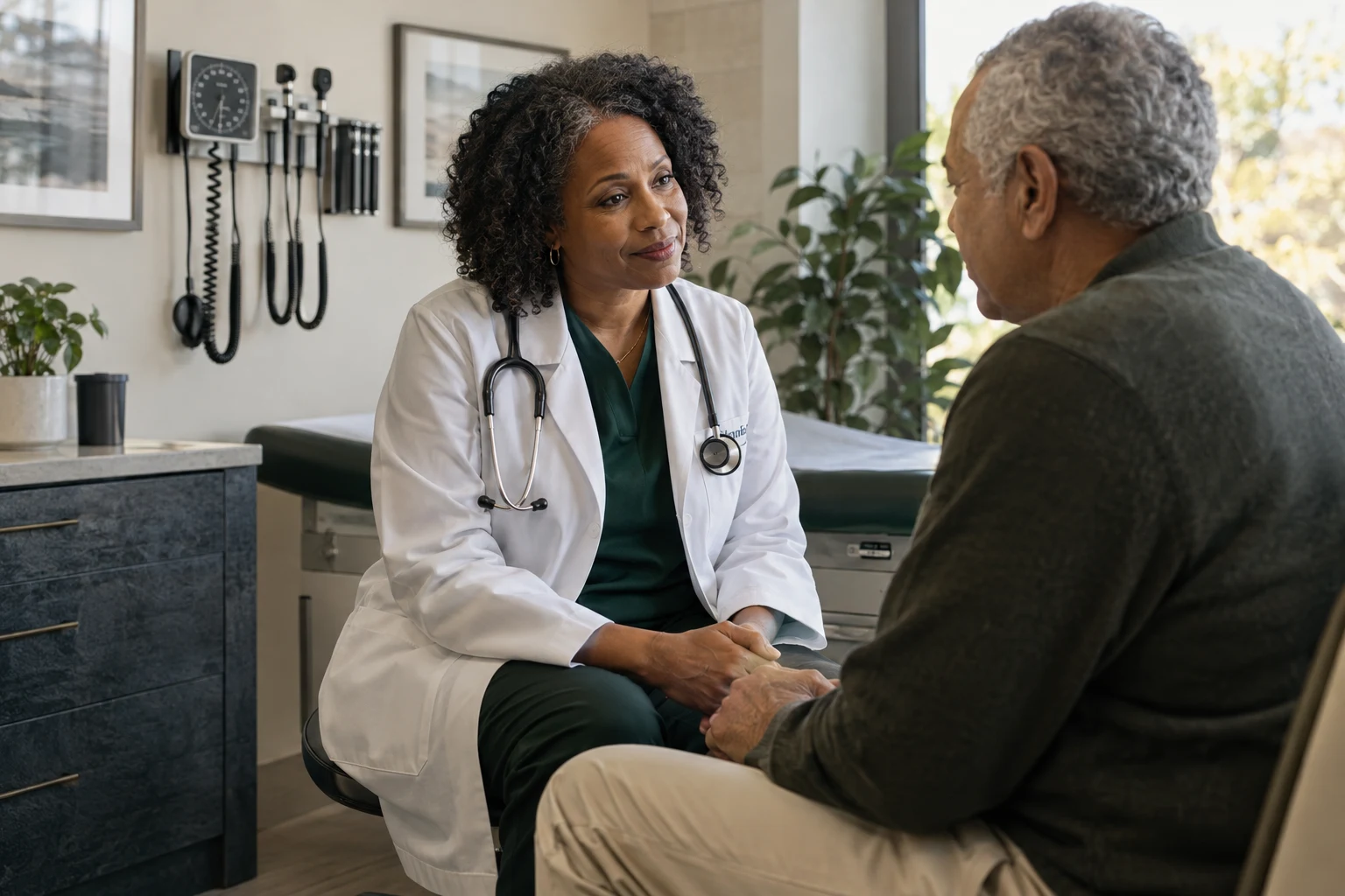 Illustrative clinician and older adult discussing ongoing care