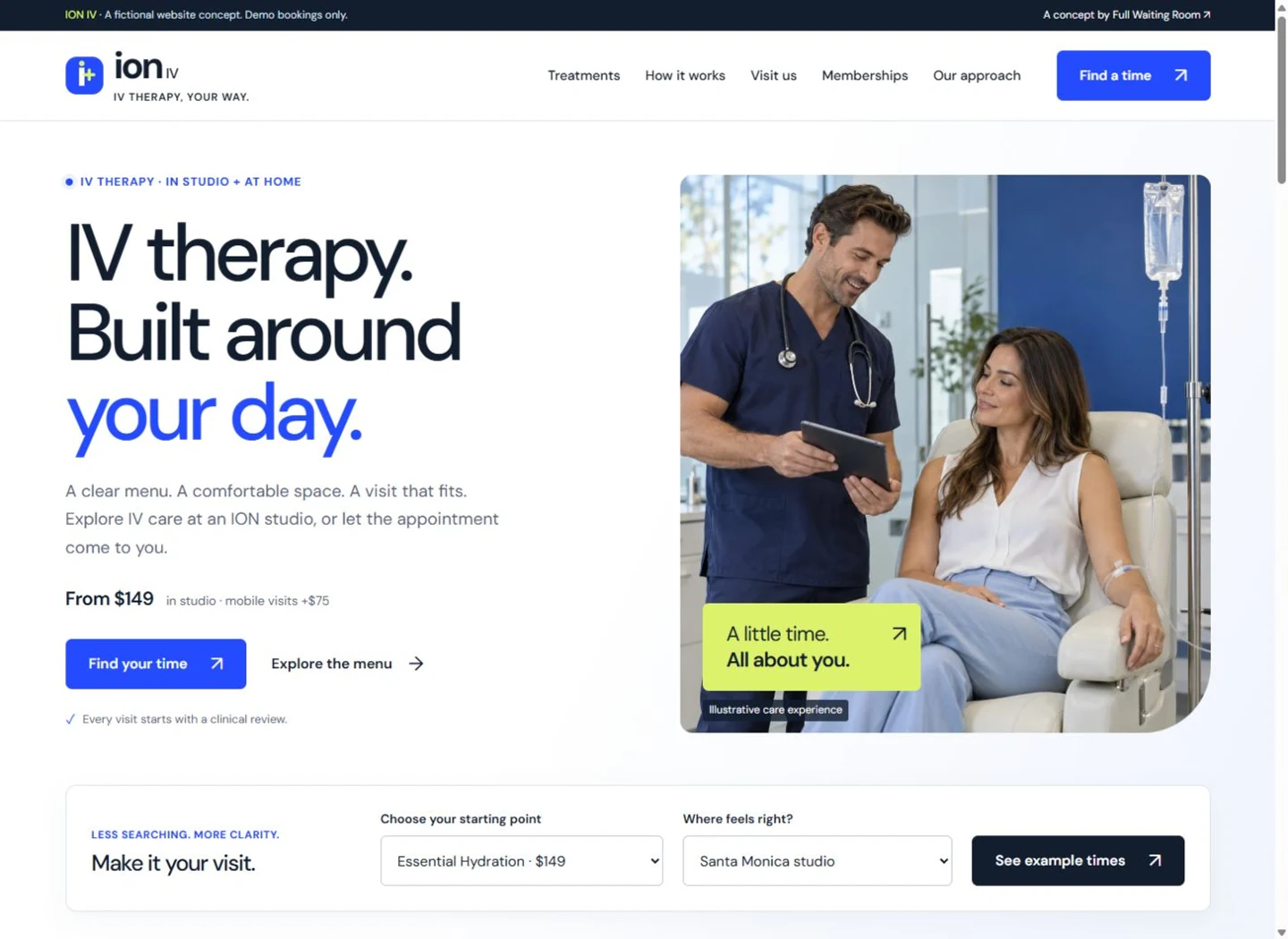 ION IV homepage with bold cobalt blue branding, clear pricing, and an illustrative clinical studio experience