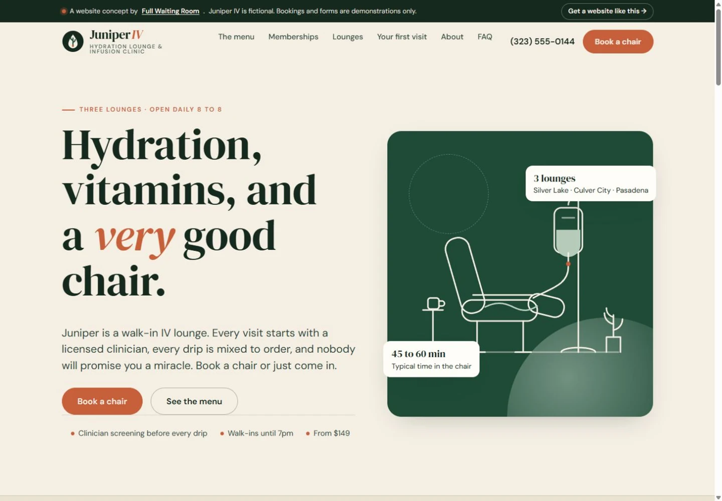 Juniper IV homepage with green and cream branding, serif typography, and an illustrated IV lounge chair