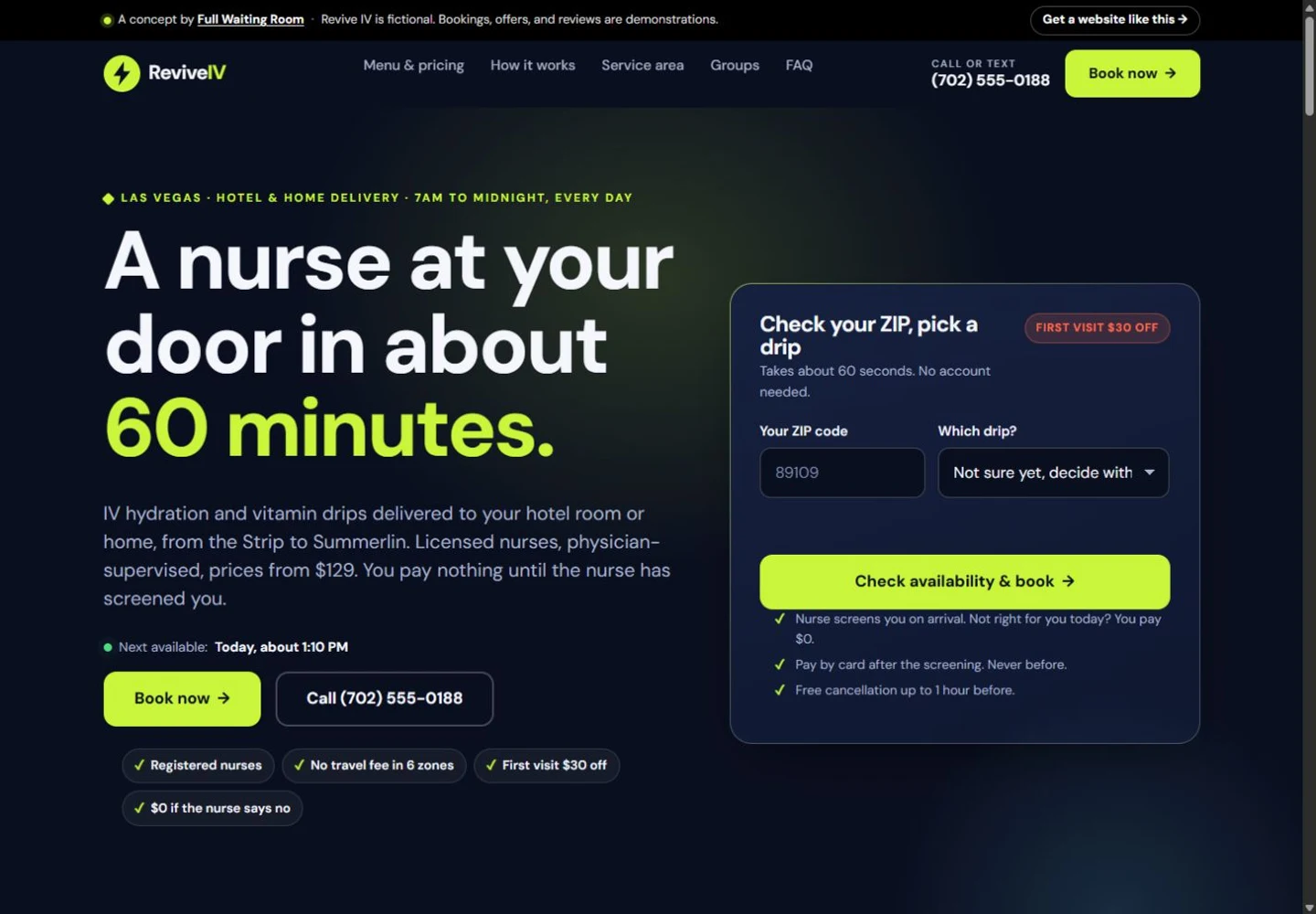 Revive IV homepage with dark navy and lime branding, prominent booking buttons, and a ZIP coverage form
