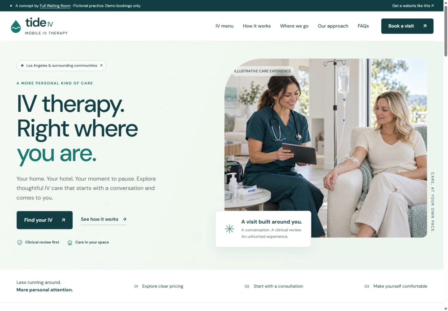 Tide IV homepage with teal branding and an illustrative nurse providing care at home