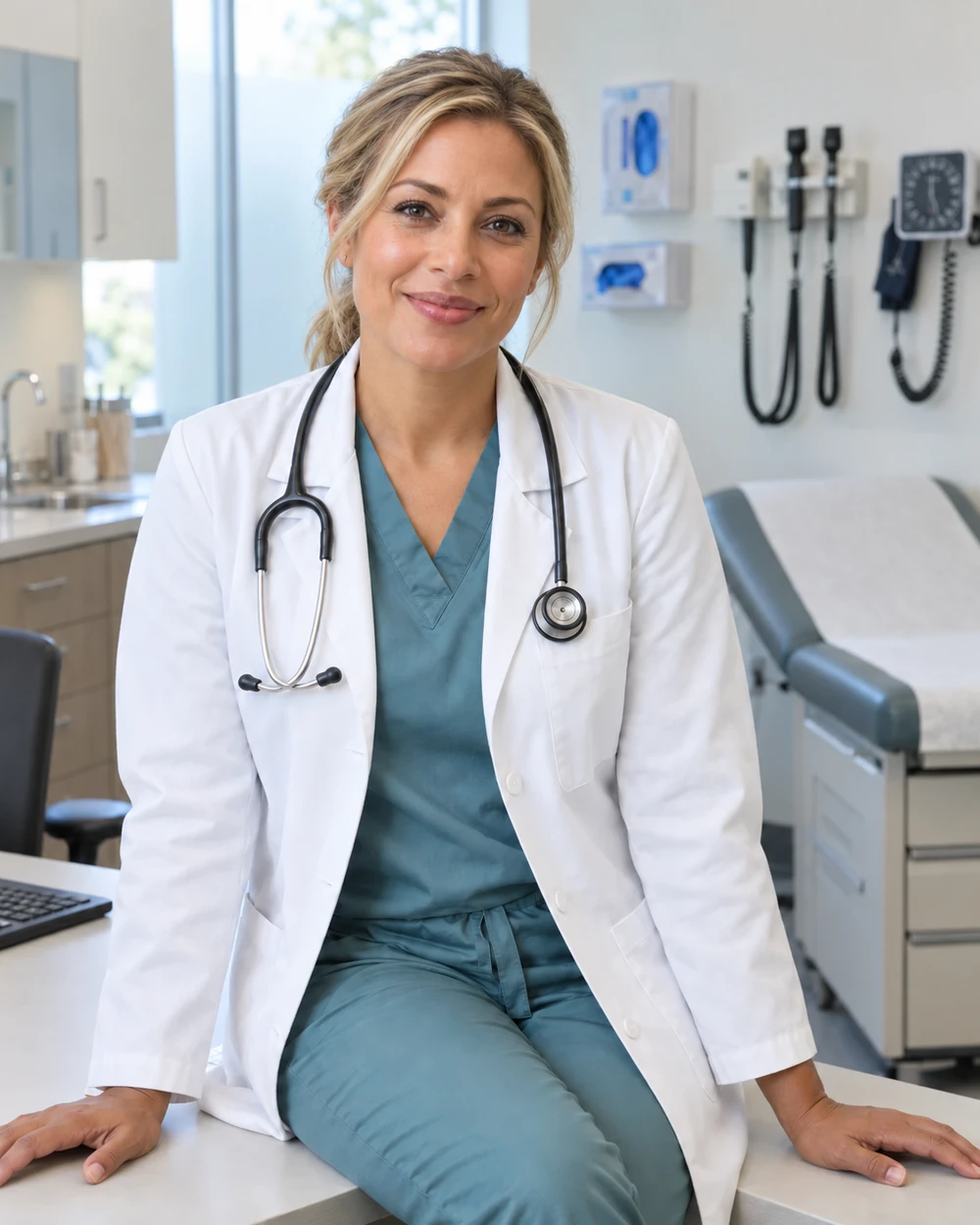 Illustrative physician in a white coat featured in an example medical website